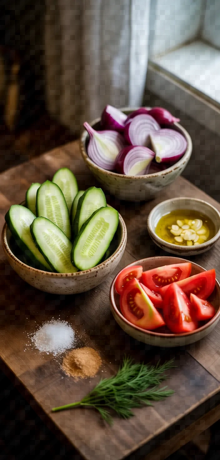 Ingredients photo for Marinated Cucumbers Onions And Tomatoes Recipe